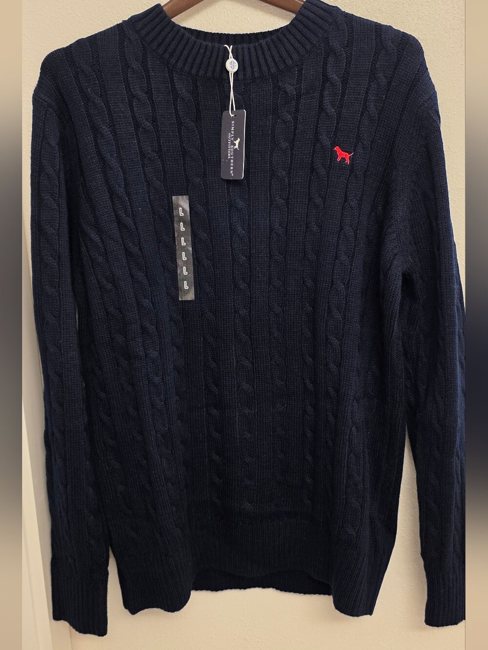 Simply Southern Navy Cable-Knit Crewneck with Red Logo L